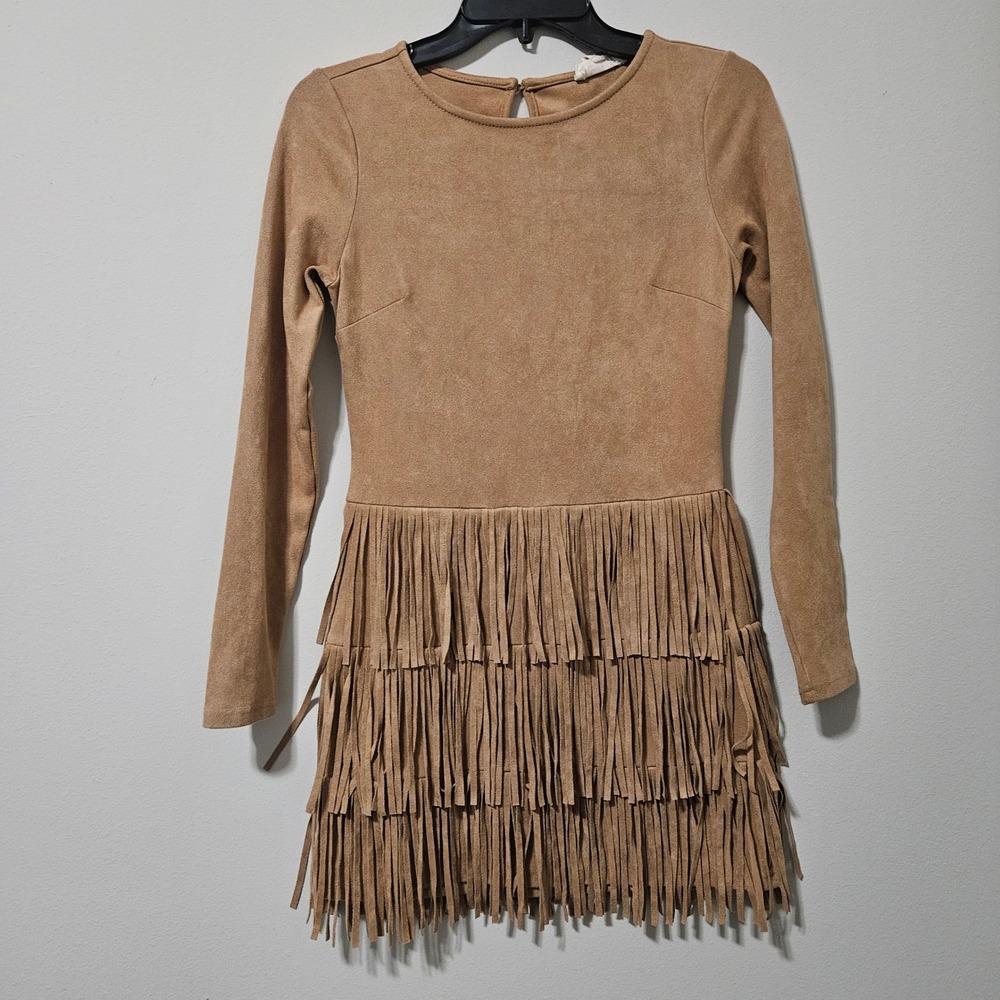 Peach Love California Suede Fringe Mini Dress Tan Long Sleeve Western Boho S
